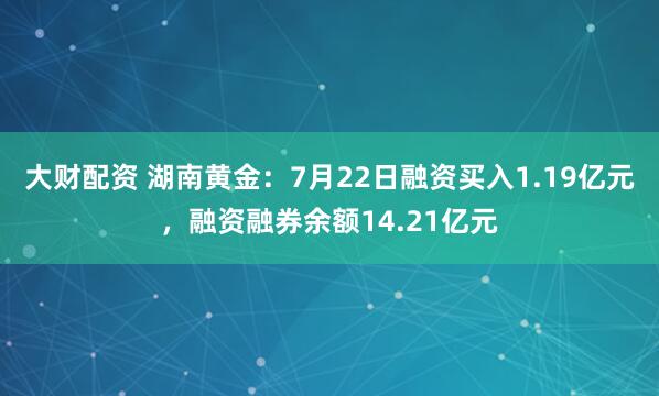 大财配资 湖南黄金：7月22日融资买入1.19亿元，融资融券余额14.21亿元
